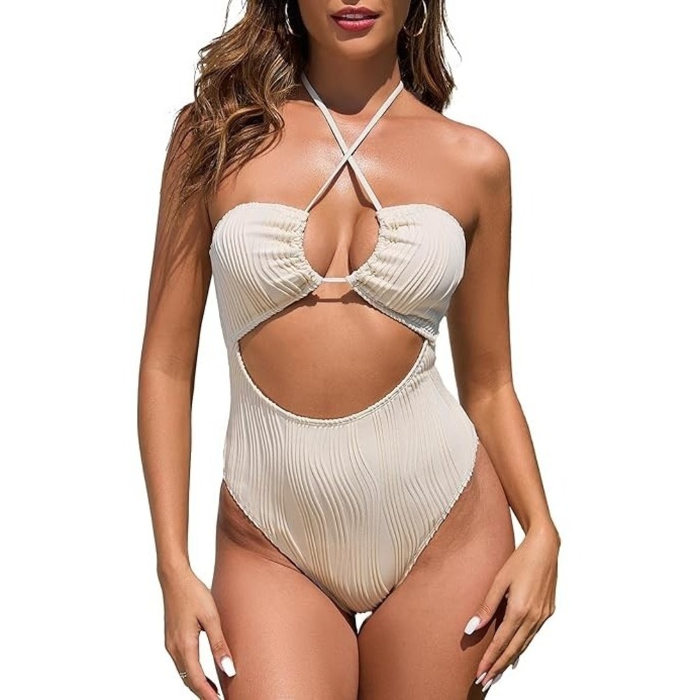 Sexy Criss Cross Halter Bathing Suit Cut Out Backless Monokini Swim L cream wave